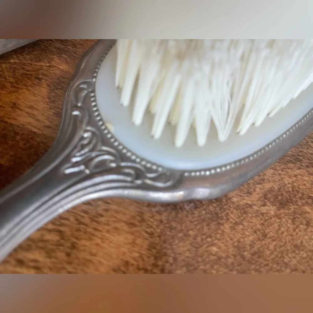 Vintage Art Deco Silver Plate Vanity Set w/Hand Mirror, Comb, and Handled Brush